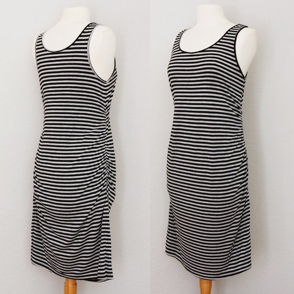 Liz Lange Maternity Gray Black Striped Ruched Gathered Sleeveless Midi Dress S - Picture 3 of 9